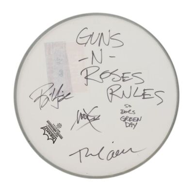 Lot # 506. Billie Joe Armstrong, Mike Dirnt and Tre Cool-Autographed Drumhead ### GREEN DAY