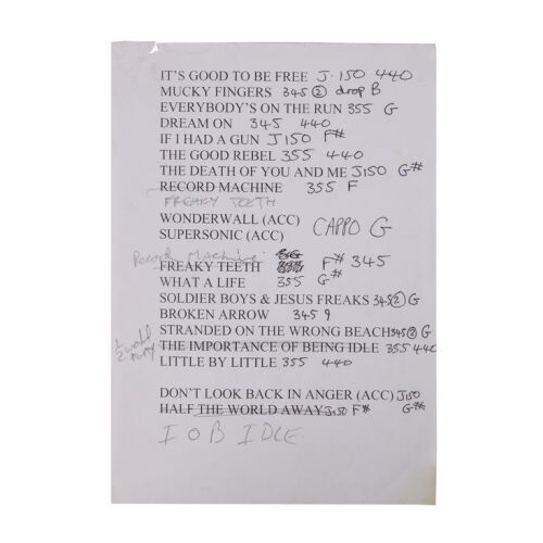 Lot # 593. Noel Gallagher's Hand-Annotated Setlist ### NOEL GALLAGHER'S HIGH FLYING BIRDS
