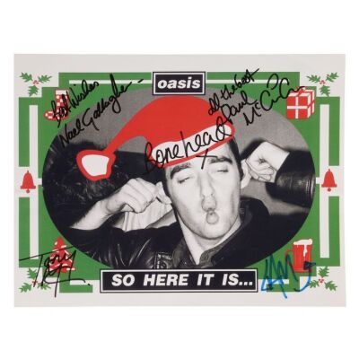 Lot # 596. Liam Gallagher, Noel Gallagher, Paul "Bonehead" Arthurs, Paul "Guigsy" McGuigan, and Tony McCarroll-Autographed Christmas card ### OASIS
