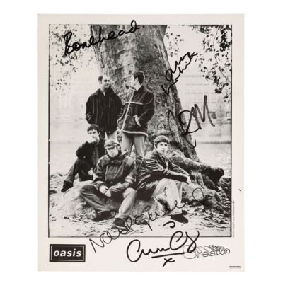 Lot # 597. Liam Gallagher, Noel Gallagher, Paul "Bonehead" Arthurs, Paul "Guigsy" McGuigan and Alan White-Autographed Publicity Photo ### OASIS