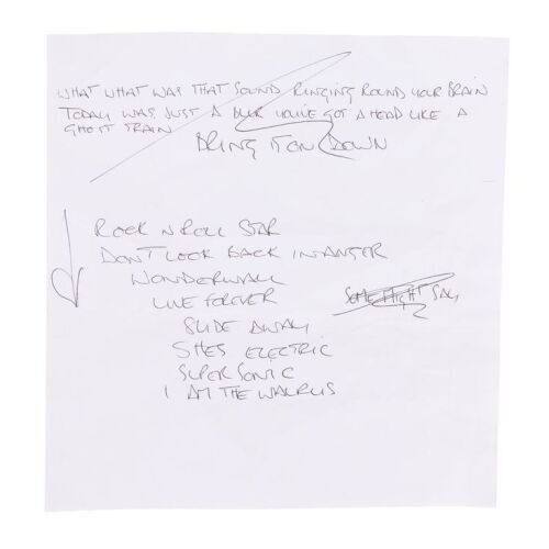 Lot # 620. Noel Gallagher Handwritten Sound Check Setlist and Partial Lyrics ### OASIS