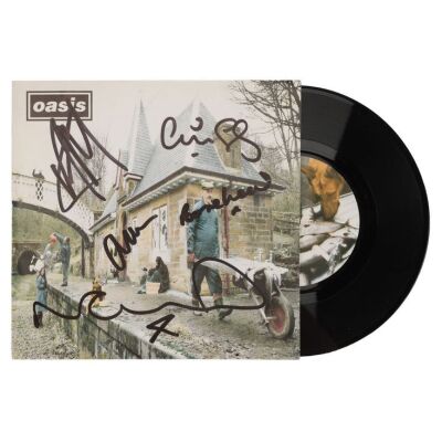 Lot # 625. Liam Gallagher, Noel Gallagher, Paul &ldquo;Guigsy&rdquo; McGuigan, Paul &ldquo;Bonehead&rdquo; Arthurs, and Alan White-Autographed 'Some Might Say' 7" Vinyl ### OASIS