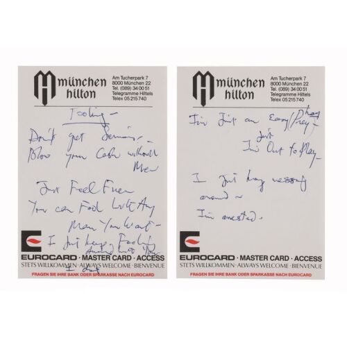 Lot # 684. The Reinhold Mack Collection: Freddie Mercury Handwritten 'Fooling'' Working Lyrics on Munich Hilton Hotel Stationery ### FREDDIE MERCURY