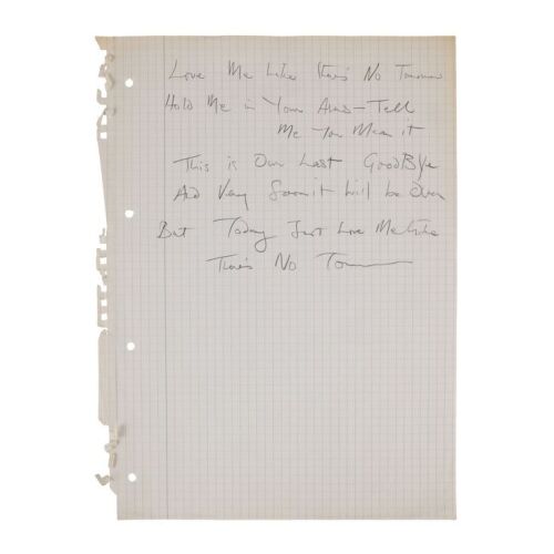 Lot # 687. The Reinhold Mack Collection: Freddie Mercury Handwritten ''Love Me Like There&rsquo;s No Tomorrow'' Chorus Lyrics ### FREDDIE MERCURY