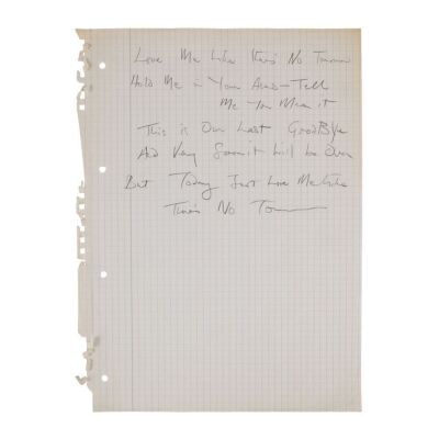 Lot # 687. The Reinhold Mack Collection: Freddie Mercury Handwritten ''Love Me Like There&rsquo;s No Tomorrow'' Chorus Lyrics ### FREDDIE MERCURY
