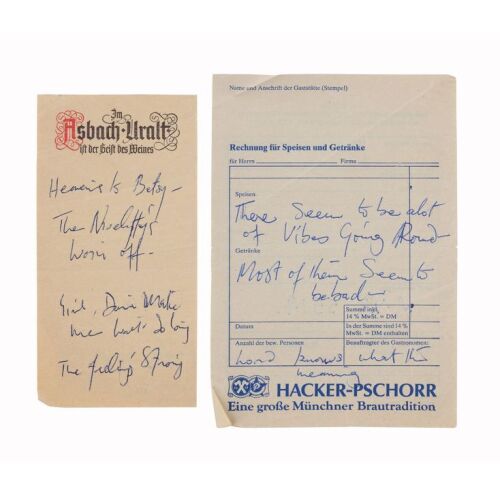 Lot # 690. The Reinhold Mack Collection: Freddie Mercury Handwritten Lyrics on Hacker-Pschorr and Asbach Uralt Hotel Stationery ### FREDDIE MERCURY