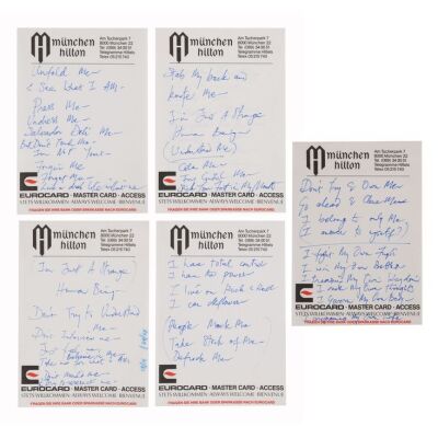 Lot # 693. The Reinhold Mack Collection: Collection of Freddie Mercury Handwritten Unidentified Working Lyrics on Munich Hilton Hotel Stationery ### FREDDIE MERCURY