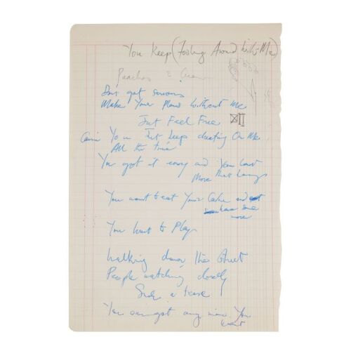 Lot # 695. The Reinhold Mack Collection: Freddie Mercury Handwritten ''Foolin' Around'' Working Lyrics ### FREDDIE MERCURY