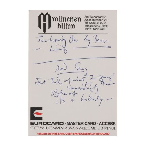 Lot # 701. The Reinhold Mack Collection: Freddie Mercury Handwritten ''Living on My Own'' and ''Mr. Bad Guy'' Partial Draft Lyrics on Munich Hilton Hotel Stationery ### FREDDIE MERCURY