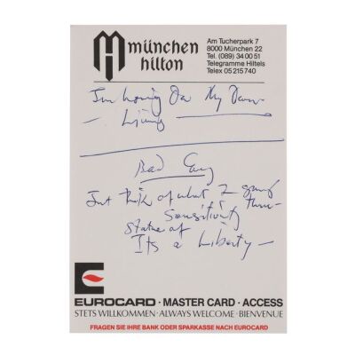 Lot # 701. The Reinhold Mack Collection: Freddie Mercury Handwritten ''Living on My Own'' and ''Mr. Bad Guy'' Partial Draft Lyrics on Munich Hilton Hotel Stationery ### FREDDIE MERCURY