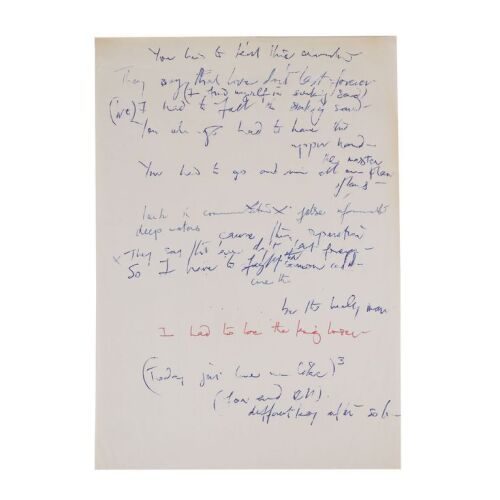 Lot # 703. The Reinhold Mack Collection: Freddie Mercury Handwritten ''Love Me Like There&rsquo;s No Tomorrow'' Working Draft Lyrics ### FREDDIE MERCURY