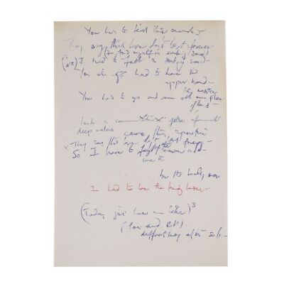 Lot # 703. The Reinhold Mack Collection: Freddie Mercury Handwritten ''Love Me Like There&rsquo;s No Tomorrow'' Working Draft Lyrics ### FREDDIE MERCURY