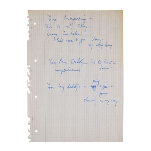 Lot # 704. The Reinhold Mack Collection: Freddie Mercury Handwritten ''Mr. Bad Guy'' Early Version Working Lyrics ### FREDDIE MERCURY