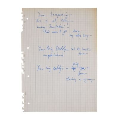 Lot # 704. The Reinhold Mack Collection: Freddie Mercury Handwritten ''Mr. Bad Guy'' Early Version Working Lyrics ### FREDDIE MERCURY