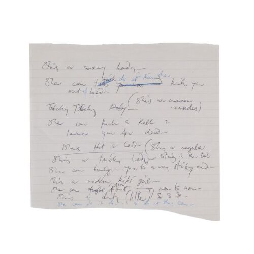 Lot # 705. The Reinhold Mack Collection: Freddie Mercury Handwritten ''She Blows Hot And Cold'' Working Draft Lyrics ### FREDDIE MERCURY