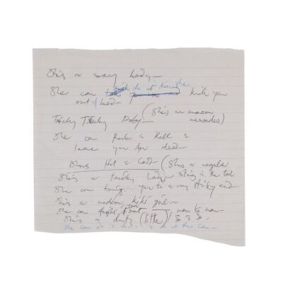 Lot # 705. The Reinhold Mack Collection: Freddie Mercury Handwritten ''She Blows Hot And Cold'' Working Draft Lyrics ### FREDDIE MERCURY