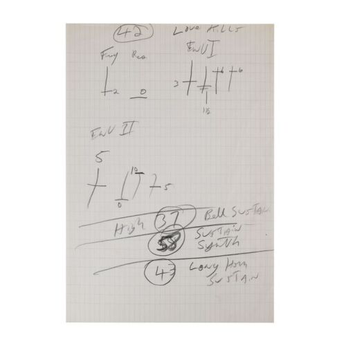Lot # 714. The Reinhold Mack Collection: Freddie Mercury Handwritten ''Love Kills'' Synthesizer Settings Notes Sheet ### FREDDIE MERCURY