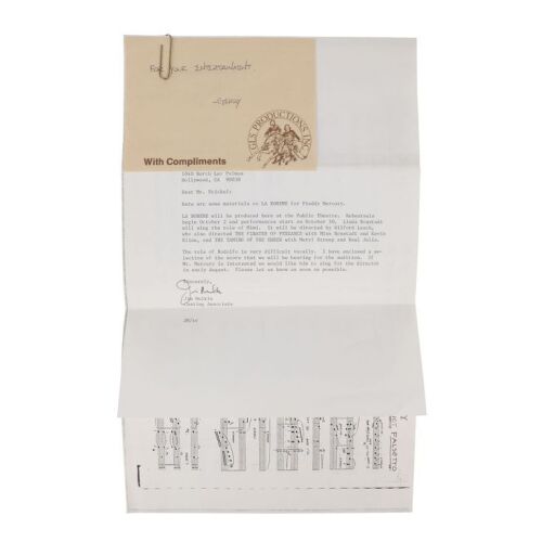 Lot # 715. The Reinhold Mack Collection: GLS Productions Inc Compliments Slip, New York Shakespeare Festival Letter Regarding Freddie Mercury La Boheme Audition and Sheet Music ### FREDDIE MERCURY