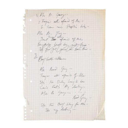 Lot # 716. The Reinhold Mack Collection: Freddie Mercury Handwritten ''Mr. Bad Guy'' Bridge Section Working Lyrics ### FREDDIE MERCURY