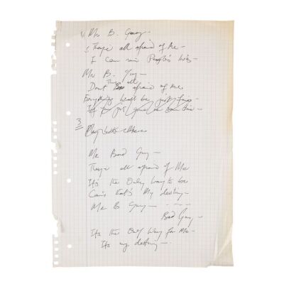 Lot # 716. The Reinhold Mack Collection: Freddie Mercury Handwritten ''Mr. Bad Guy'' Bridge Section Working Lyrics ### FREDDIE MERCURY