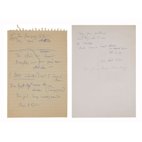 Lot # 718. The Reinhold Mack Collection: Freddie Mercury Handwritten ''I&rsquo;m Freezing Cold, It&rsquo;s Your Attitude'' and ''Take Your Problems'' Unidentified Working Lyrics ### FREDDIE MERCURY