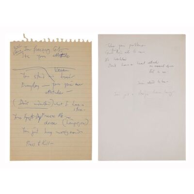 Lot # 718. The Reinhold Mack Collection: Freddie Mercury Handwritten ''I&rsquo;m Freezing Cold, It&rsquo;s Your Attitude'' and ''Take Your Problems'' Unidentified Working Lyrics ### FREDDIE MERCURY