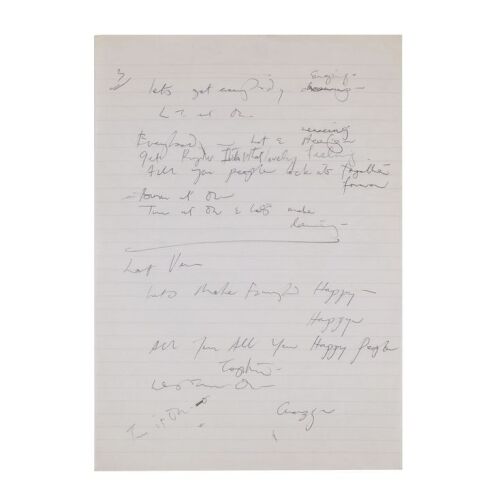 Lot # 719. The Reinhold Mack Collection: Freddie Mercury Handwritten "Let&rsquo;s Turn It On" Verse Four and Five Working Lyrics ### FREDDIE MERCURY