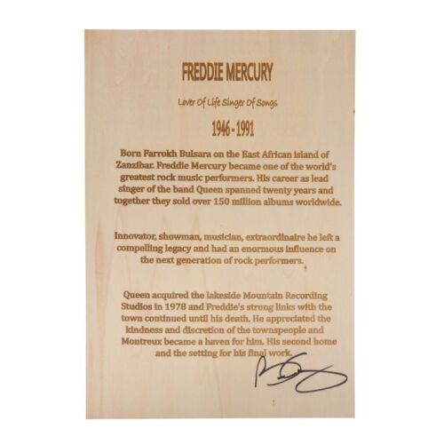 Lot # 732. Brian May-Autographed Freddie Mercury Biography Plaque ### QUEEN