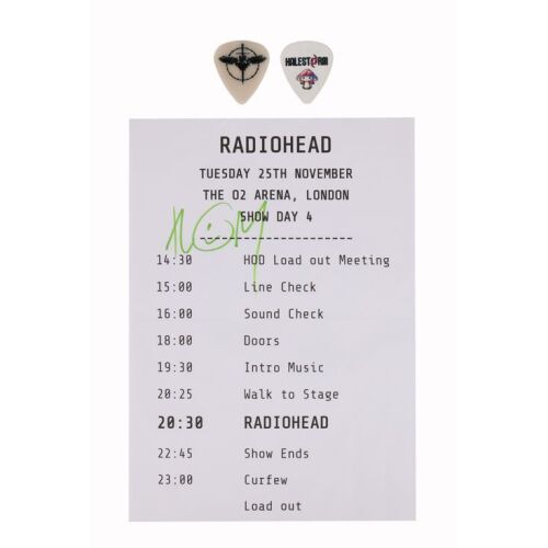 Lot # 744. Thom Yorke-Autographed Gig Time Sheet and Two Guitar Plectrums, 2025 ### RADIOHEAD