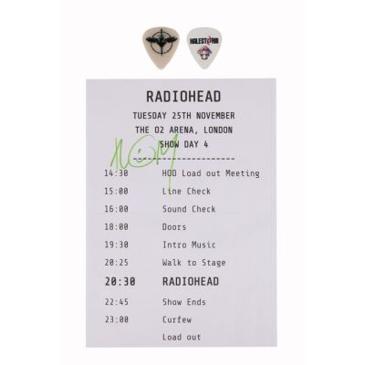 Lot # 744. Thom Yorke-Autographed Gig Time Sheet and Two Guitar Plectrums, 2025 ### RADIOHEAD