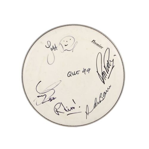 Lot # 779. Francis Rossi, Rick Parfitt, John ''Rhino'' Edwards, Jeff Rich and Andy Brown-Autographed Drumskin ### STATUS QUO