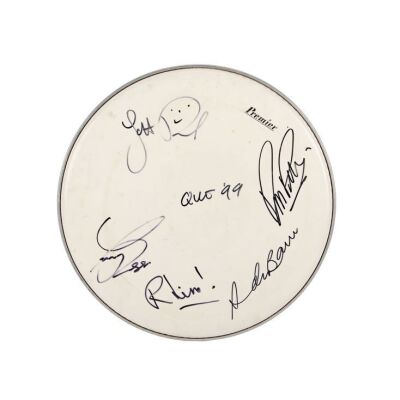 Lot # 779. Francis Rossi, Rick Parfitt, John ''Rhino'' Edwards, Jeff Rich and Andy Brown-Autographed Drumskin ### STATUS QUO