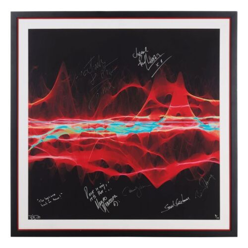 Lot # 793. Scott Gorham, Brian Downey, Marco Mendoza, Damon Johnson, Darren Wharton and Ricky Warwick-Autographed ''The Boys Are Back In Town'' Limited Edition Soundwave Print by Tim Wakefield, 2008 ### THIN LIZZY