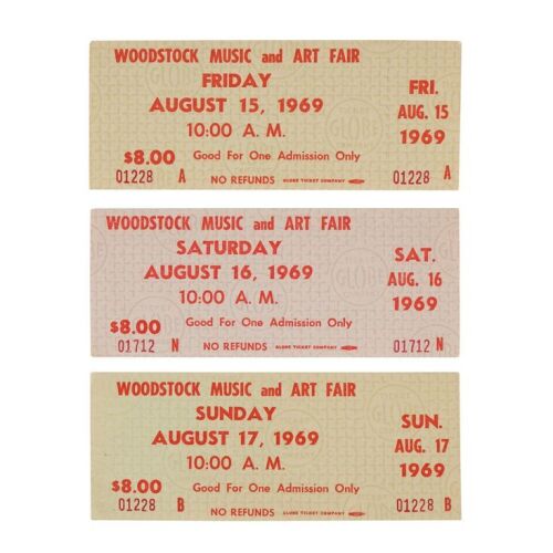Lot # 810. Set of Three Woodstock Festival Admission Tickets ### WOODSTOCK MUSIC AND ART FAIR (1969)