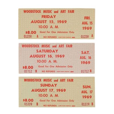 Lot # 810. Set of Three Woodstock Festival Admission Tickets ### WOODSTOCK MUSIC AND ART FAIR (1969)
