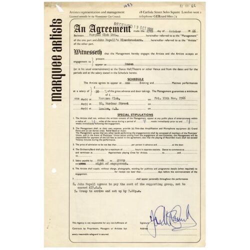 Lot # 523. John Mayall-Signed Marquee Club 1966 Contract ### JOHN MAYALL