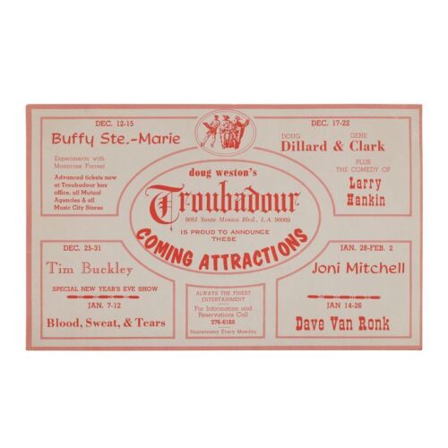 Lot # 525. Handbill Ad for Doug Weston's Troubadour, 1968-1969 ### JONI MITCHELL