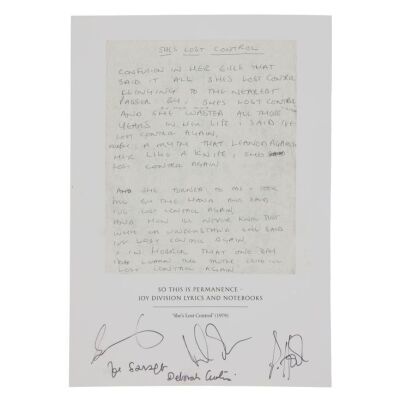 Lot # 527. Limited Edition Facsimile of Ian Curtis&rsquo; &ldquo;She's Lost Control&rdquo; Handwritten Lyrics Autographed by Bernard Sumner, Stephen Morris, Peter Hook and Deborah Curtis ### JOY DIVISION