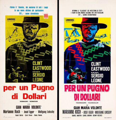 7. Italian Locandinas (2) (13" x 27", 13" x 27.5"); The Nicola Bais Collection; Country-of-Origin; Very Fine Folded ### A FISTFUL OF DOLLARS (R-1968)