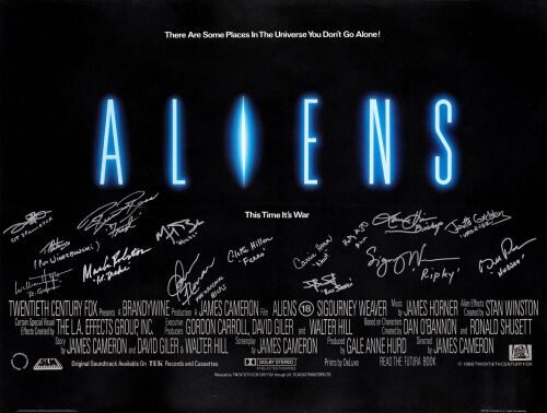 41. Full-Bleed British Quad (40" x 30") Signed by Sigourney Weaver, Carrie Henn, Bill Paxton, Michael Biehn, Lance Henriksen, and 10 more (JSA COA); Near Mint on Linen ### ALIENS (1986)