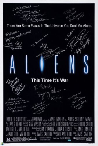 43. Reprint One Sheet (27" x 40") Signed by Sigourney Weaver, Michael Biehn, Carrie Henn, Paul Reiser, Lance Henriksen and 5 more (JSA COA); Very Fine+ Rolled ### ALIENS (1986)