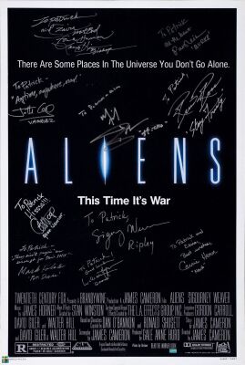 43. Reprint One Sheet (27" x 40") Signed by Sigourney Weaver, Michael Biehn, Carrie Henn, Paul Reiser, Lance Henriksen and 5 more (JSA COA); Very Fine+ Rolled ### ALIENS (1986)