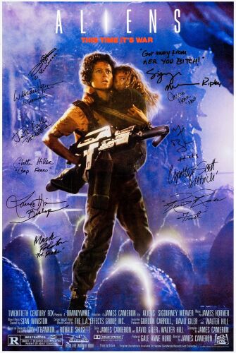 44. Reprint Poster (24" x 36") Signed by Sigourney Weaver, Carrie Henn, Michael Biehn, Cynthia Dale Scott, Ricco Ross, Daniel Kash, William Hope, Jenette Goldstein, Colette Hiller, Lance Henriksen and ### ALIENS