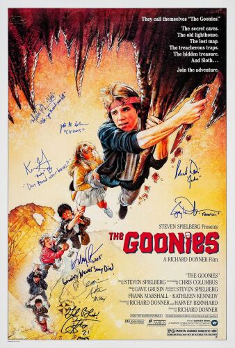124. Reprint One Sheet (27" x 40.75") Signed by Martha Plimpton, Jeff Cohen, Kerri Green, Ke Huy Quan, Sean Astin, Corey Feldman, Joe Pantoliano, Robert Davi (Grad Authenticated); Very Fine+ Rolled ### THE GOONIES (1985)