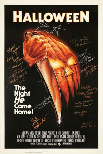 127. One Sheet (27" x 40") Signed by Jamie Lee Curtis, John Carpenter, Will Sandin, Tommy Lee Wallace, PJ Soles, Kyle Richards, Nick Castle, Nancy Loomis, Mickey Yablans, Charles Cyphers, Sandy Johnso ### HALLOWEEN (1978)