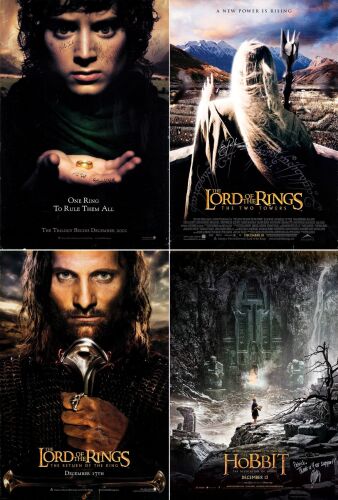 180. One Sheets (4) (27" x 40") Signed by Peter Jackson, Fran Walsh, Sean Bean, Elijah Wood, Orlando Bloom, Barrie Osborne, Christian Rivers and Others (JSA COA); Advance (4), Double-Sided (3); Very F ### LORD OF THE RINGS TRILOGY AND THE HOBBIT: THE DESO