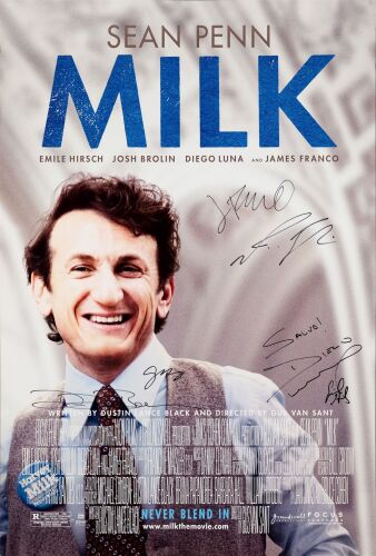 194. One Sheet (27" x 40") Signed by Sean Penn, Josh Brolin, Diego Luna, James Franco, Emile Hirsch and Dustin Lance Black (Grad Authenticated); Double-Sided; Fine+ Rolled ### MILK (2008)