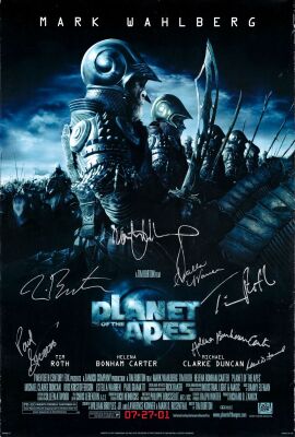 218. One Sheet (27" x 40") Signed by Mark Wahlberg, Estella Warren, Tim Roth, Helena Bonham Carter, Paul Giamatti, Tim Burton (Director) and Richard D. Zanuck (Producer) (JSA COA); Double-Sided; Very ### PLANET OF THE APES (2001)