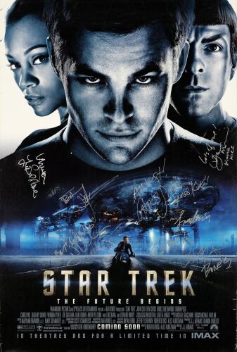 247. One Sheet (27" x 40") Signed by J.J. Abrams (Director), Chris Pine, Zachary Quinto, Leonard Nimoy, Karl Urban, John Cho, Jennifer Morrison, and Zoe Saldana (JSA COA); Double-Sided Advance; Fine+ ### STAR TREK (2009)