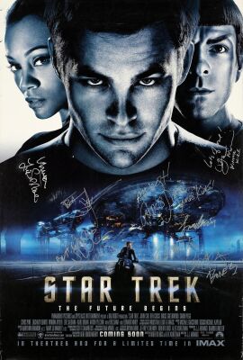 247. One Sheet (27" x 40") Signed by J.J. Abrams (Director), Chris Pine, Zachary Quinto, Leonard Nimoy, Karl Urban, John Cho, Jennifer Morrison, and Zoe Saldana (JSA COA); Double-Sided Advance; Fine+ ### STAR TREK (2009)